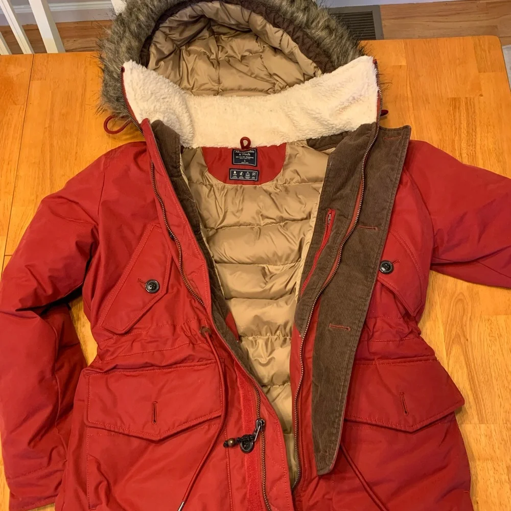 Abercrombie & Fitch Red Hooded Parka Jacket with Faux Fur Trim